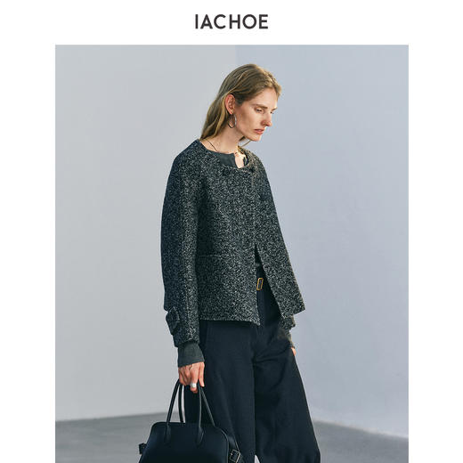 棉仓3671566016-花纱黑圆领毛呢外套 商品图3