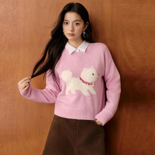 【严选】诗凡黎大图案萌宠狗狗针织衫2025冬新款粉色可爱软糯减龄套头毛衣7GA333331 商品图4