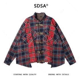 SDSA秋冬新款痞帅男装时尚撞色拼接格纹长袖衬衫一字扣设计百搭潮