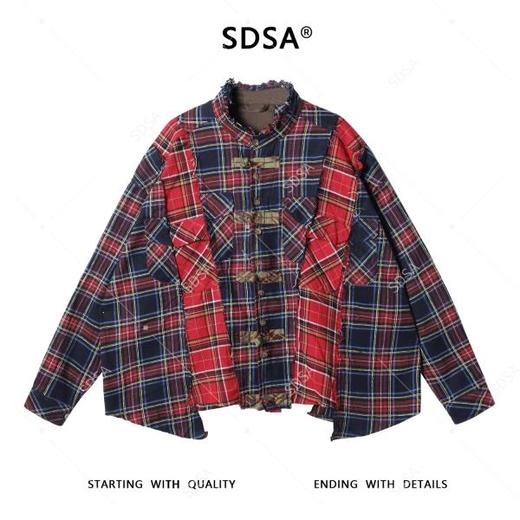 SDSA秋冬新款痞帅男装时尚撞色拼接格纹长袖衬衫一字扣设计百搭潮 商品图0