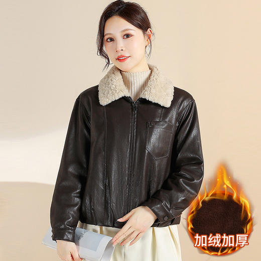 QYMYIYI-YB25B77-Y 2025年新款秋冬季时尚加绒皮衣女休闲保暖厚款毛领PU皮短款外套 商品图0