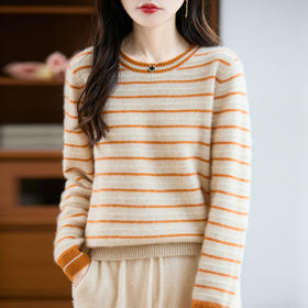 丁摩100%纯羊毛新款女式宽松圆领拼色短款上衣打底针织衫毛衣ALM2-400