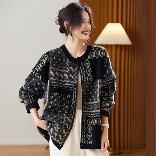 SC97-3081-308 2025秋冬新款毛衣复古提花针织开衫撞色宽松长袖短外套单排扣女装 商品图1