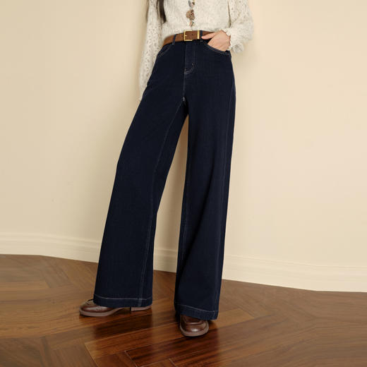 【严选】诗凡黎四面弹磨毛微喇阔腿牛仔裤2025冬新款高腰显瘦宽松直筒长裤7GA351221 商品图0