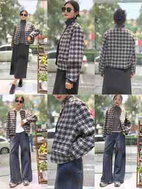 582558拉链羊绒短款外套大衣，经典黑白格纹