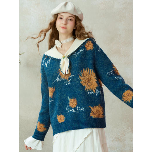 两三事梵高文艺葵与乐章2025冬季新款立体手钩花拼色海军领毛衣女 商品图2