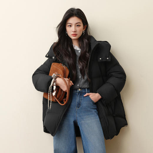 【严选】诗凡黎连帽中长款百搭羽绒服2025冬新款简约韩系宽松保暖面包服女7G9380161 商品图4