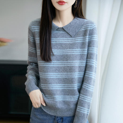 丁摩100%纯羊毛新款女式宽松Polo领条纹短款打底针织衫毛衣ALM2-277 商品图2