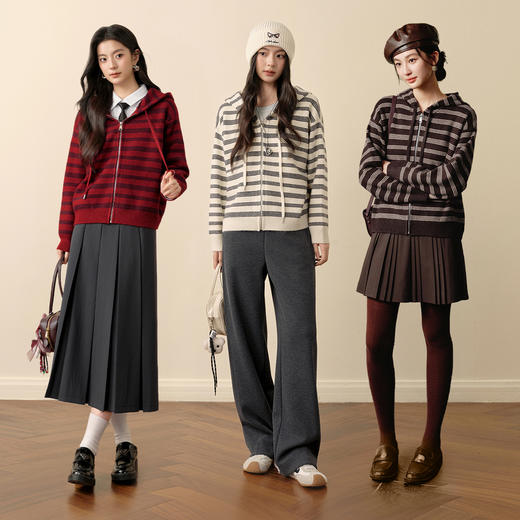 【严选】诗凡黎连帽拉链撞色条纹毛衣外套2025冬新款慵懒显瘦休闲针织开衫7GA333341 商品图1