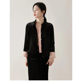  LONGNVFAIR 黑天鹅丝绒拼接提花夹棉外套+华菲粉色丝绒半裙  仿真丝丝绒工艺 丝滑亲肤 凸显气质