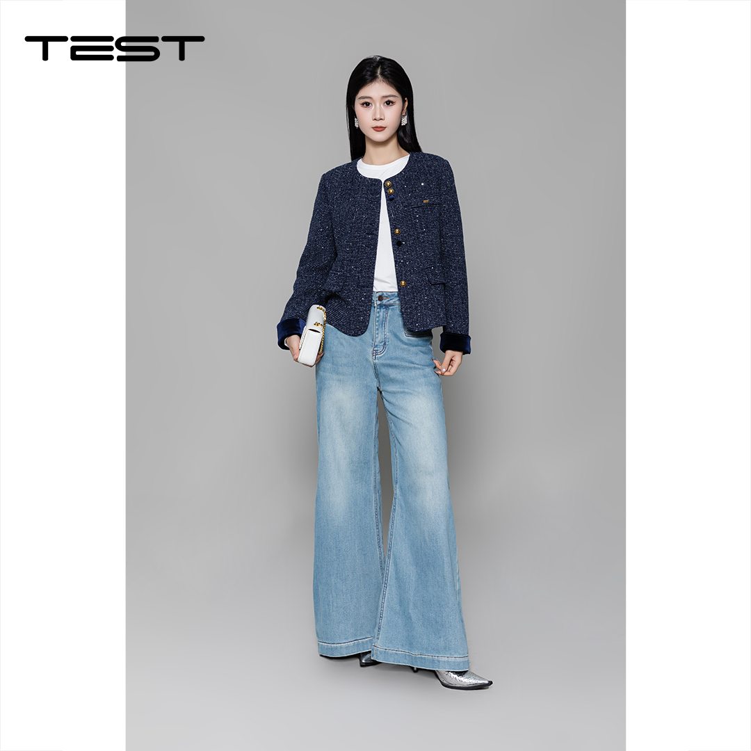 冬上新精致小香风藏青色金扣点缀尽显优雅呢外套2254082