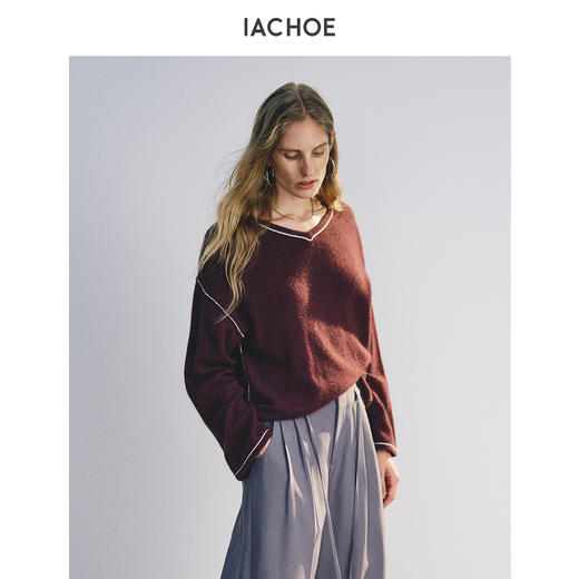 棉仓3661505006-含牦牛绒v领朗姆酒色毛衣 商品图4