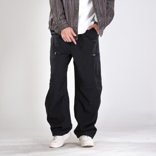 DRONKOO 2025 松紧腰左横右斜拉链装饰复合绒厚轻工装长裤 商品图1