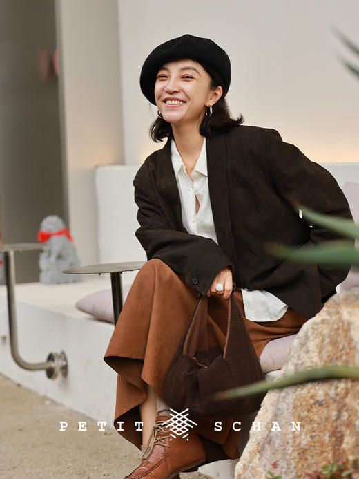 PETIT SCHAN小闪 CLO#935 Yuhuchun vase 玉壶春瓶 柿染苎麻棉拼接羊皮青果领西装外套 商品图3