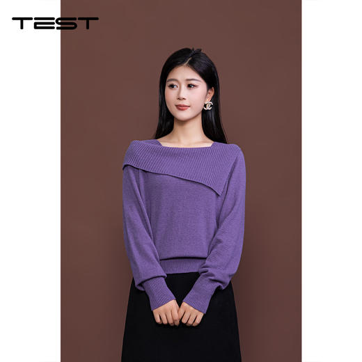 冬上新时尚出圈必备紫色斜肩毛衣解锁慵懒高级感毛衣1254076 商品图0