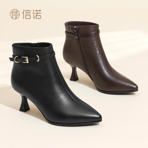 信诺时尚妈妈鞋气质细跟皮鞋女真皮尖头短靴加绒棉鞋2025冬季新款X5M153-230 商品图2