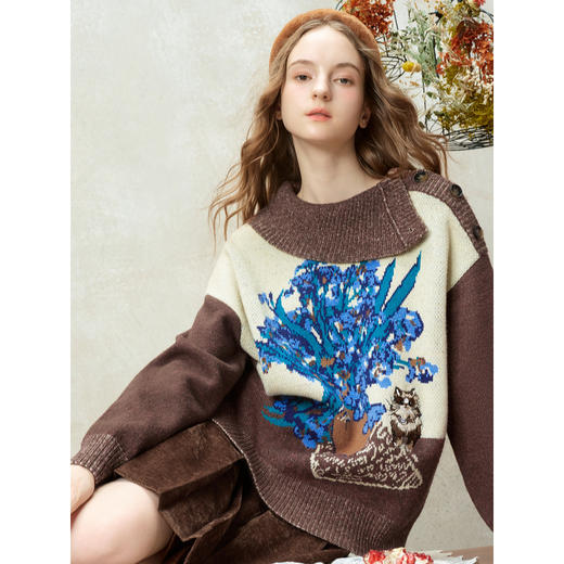 两三事梵高文艺捕风花影2025冬季新款拼色翻领提花刺绣毛衣女宽松 商品图2