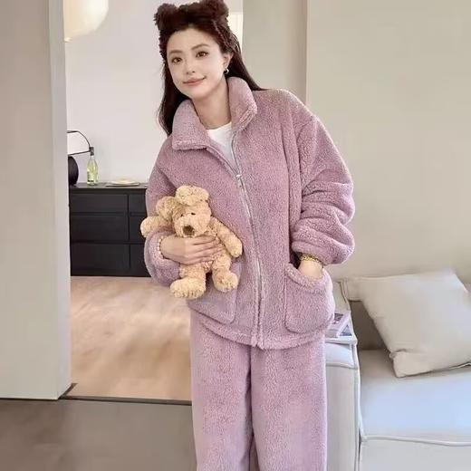纯色软糯暖绵绵拉链套装珊瑚绒大码睡衣女士加绒加厚立领拉链法兰绒暖暖套装秋冬外穿家居 商品图2