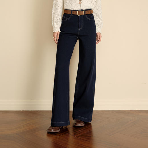 【严选】诗凡黎四面弹磨毛微喇阔腿牛仔裤2025冬新款高腰显瘦宽松直筒长裤7GA351221 商品图2