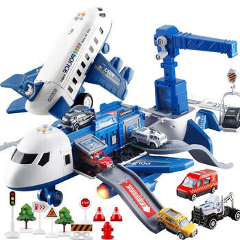 贝比童话儿童玩具惯性飞机汽车模型可变形飞机男孩生日礼物+4合金小汽车+11件路标大号车套装/警察客机 商品图0