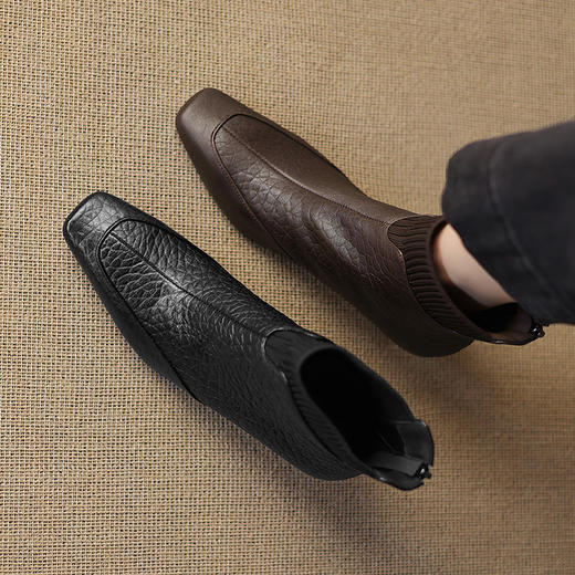 【预售5天】4.5cm牛皮尖头短靴女秋冬棕色切尔西靴子新款细跟弹力瘦瘦靴DMJFG&9558F 商品图1