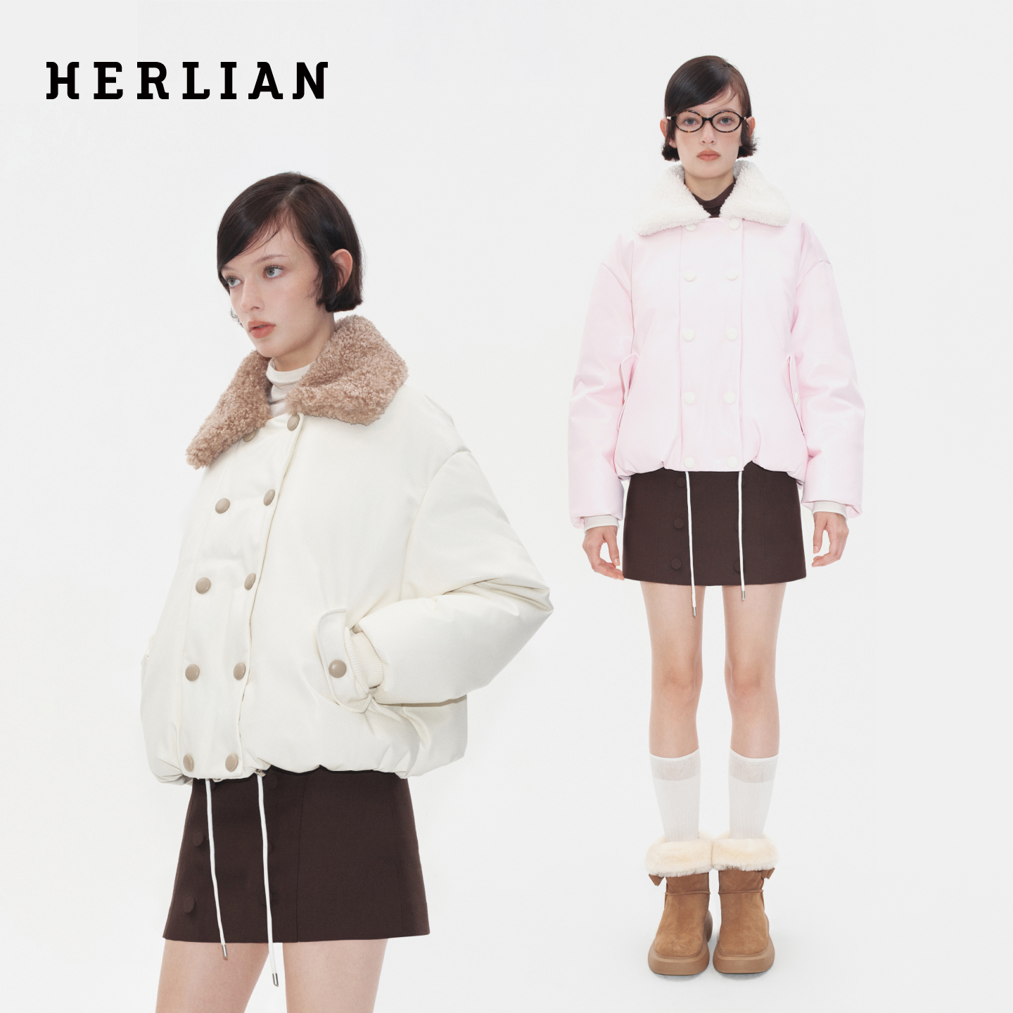 Herlian2025冬季拼接毛领设计双排扣羽绒外套