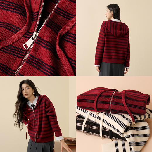 【严选】诗凡黎连帽拉链撞色条纹毛衣外套2025冬新款慵懒显瘦休闲针织开衫7GA333341 商品图4