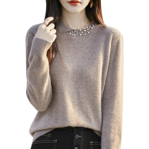 丁摩羊毛混纺新款女圆领钉珠宽松长袖套头短款针织毛衣打底衫ALQT4-546 商品图4