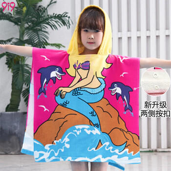 9i9儿童浴袍夏季薄宝宝浴巾连帽斗篷浴室沙滩可穿吸水披风卡通美人鱼 商品图4
