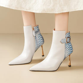 【预售7天】小众时尚高跟短靴女新款真皮尖头细跟侧拉链瘦瘦靴HY&M1216-1