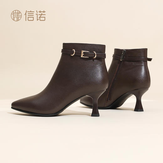 信诺时尚妈妈鞋气质细跟皮鞋女真皮尖头短靴加绒棉鞋2025冬季新款X5M153-230 商品图1