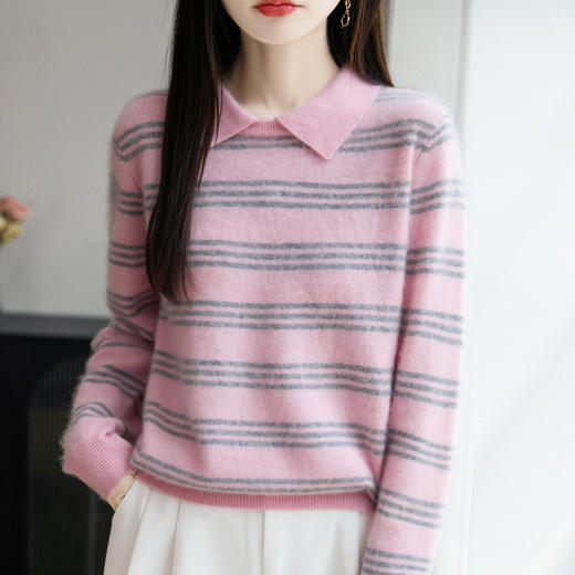 丁摩100%纯羊毛新款女式宽松Polo领条纹短款打底针织衫毛衣ALM2-277 商品图1