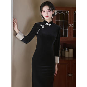 【花鸟词】秋冬季长袖改良优雅气质高级感显瘦修身黑色旗袍LSB3999