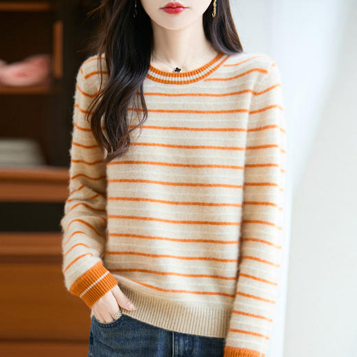 丁摩100%纯羊毛新款女式宽松圆领拼色短款上衣打底针织衫毛衣ALM2-400 商品图3