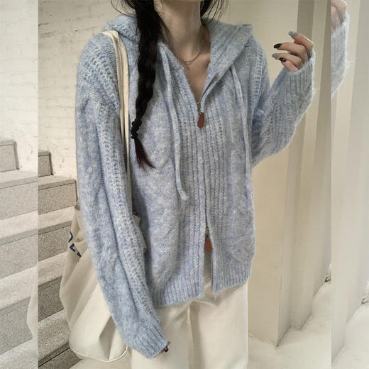 西遇针织开衫外套女秋季新款慵懒风双拉链连帽麻花宽松毛衣SS051697 商品图3