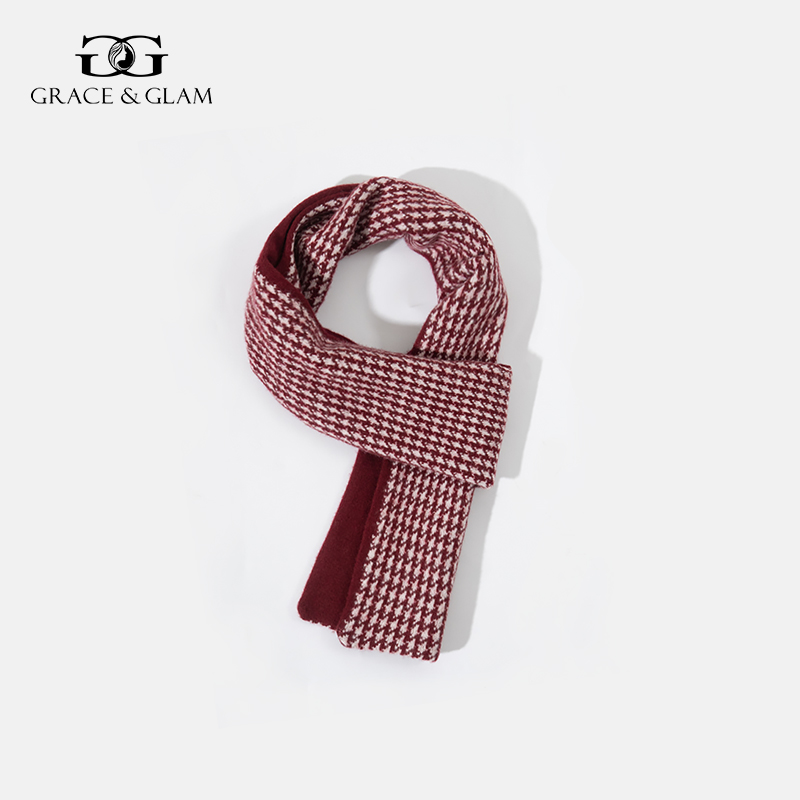 Grace&Glam 情侣款经典千鸟格羊毛双面系带围巾围脖