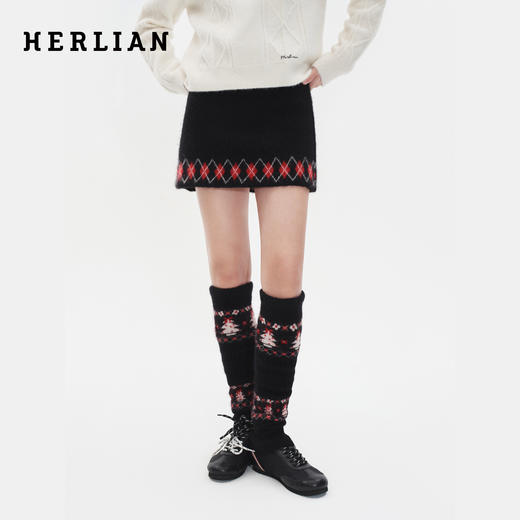 Herlian2025冬季新款撞色菱格纹装饰针织半裙 商品图0
