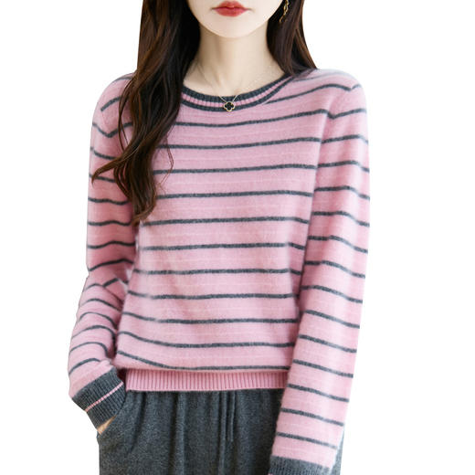 丁摩100%纯羊毛新款女式宽松圆领拼色短款上衣打底针织衫毛衣ALM2-400 商品图4