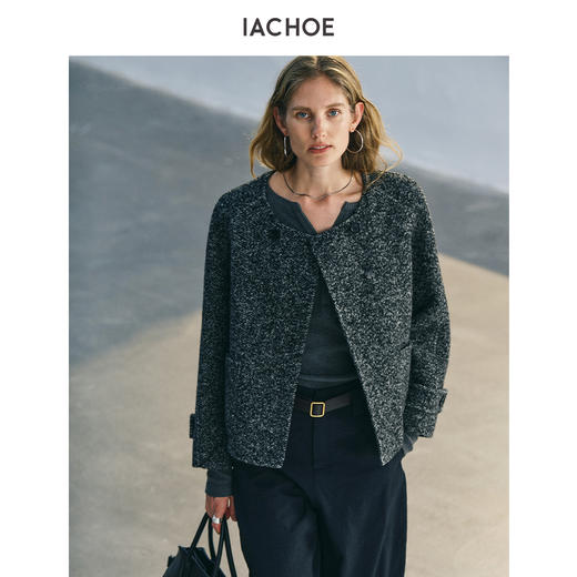 棉仓3671566016-花纱黑圆领毛呢外套 商品图2