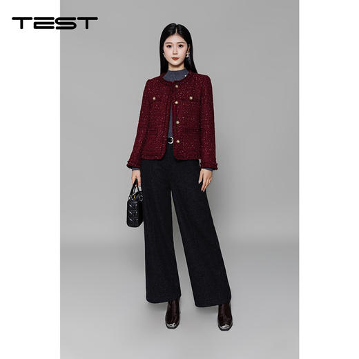 冬上新时尚百搭复古小香风酒红色呢外套2254087 商品图1