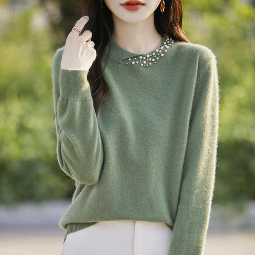 丁摩羊毛混纺新款女圆领钉珠宽松长袖套头短款针织毛衣打底衫ALQT4-546 商品图2