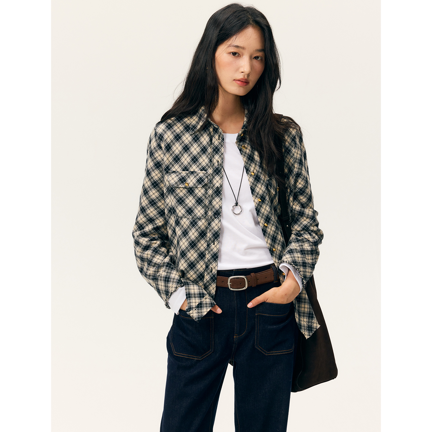 HeyDress格纹正肩老钱风衬衫