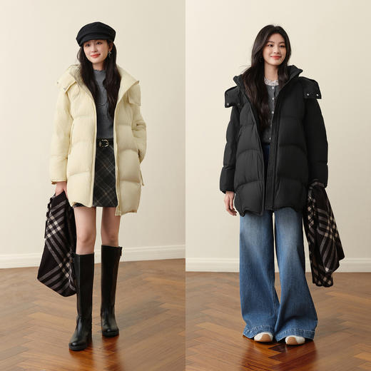 【严选】诗凡黎连帽中长款百搭羽绒服2025冬新款简约韩系宽松保暖面包服女7G9380161 商品图1