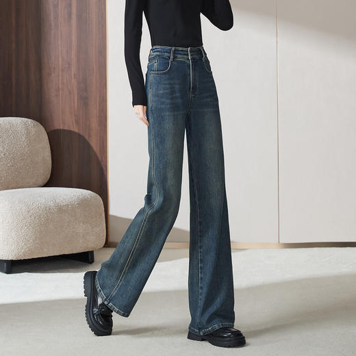 【拉绒-微喇牛仔】逸阳秋冬新品时尚复古加绒高腰微喇牛仔裤子4695 商品图2