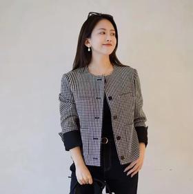 【à perles】黑白格，小香风圆领羊毛斜纹外套