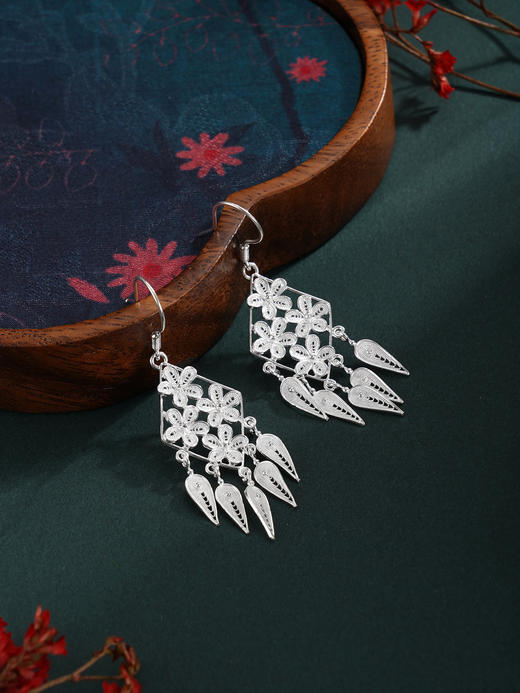 子佩集【一念花开】S990银耳环【QFES046】花丝菱形流苏2510 商品图2