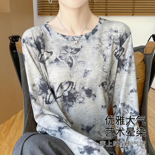 【早秋水墨国风】轻薄款打底衫女宽松舒适显瘦时尚打底外穿上衣A56印花打底衫 商品图5