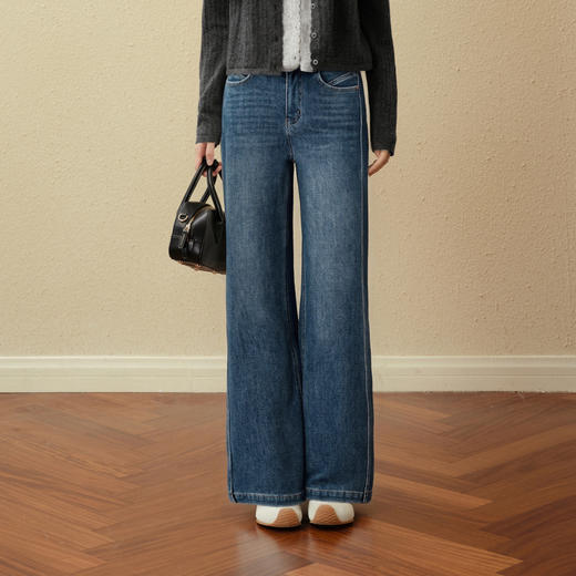 【严选】诗凡黎四面弹磨毛微喇阔腿牛仔裤2025冬新款高腰显瘦宽松直筒长裤7GA351221 商品图4