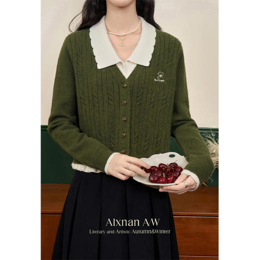 鹿向南「抹茶慕斯」慵懒风宽松毛衣2025秋冬季女装撞色假两件开衫 商品图3