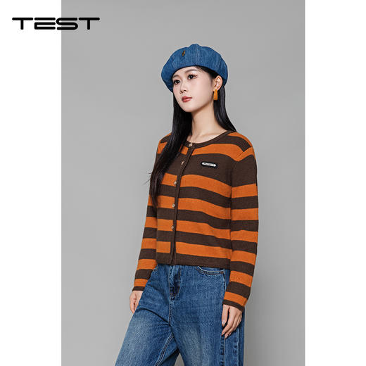 冬上新温暖吸睛棕橙条纹针织开衫2254069 商品图0